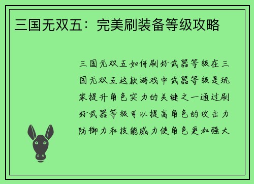 三国无双五：完美刷装备等级攻略