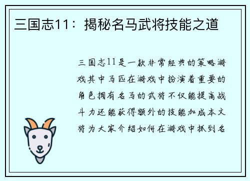 三国志11：揭秘名马武将技能之道